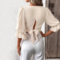 fashionelegant women's clothing elegancev-neck silmelegant puff sleeves pure colorshort women's pullovertops