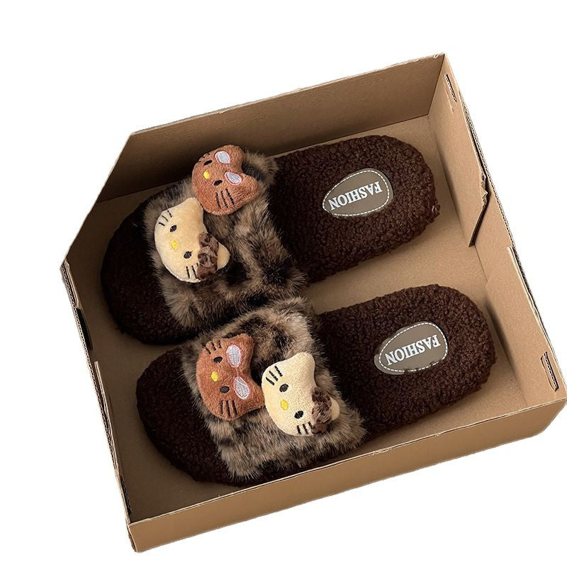 Cute leopard print kt fuzzy slippers - women's new autumn/winter 2025 indoor/outdoor non-slip cotton slippers - student dorm wholesale