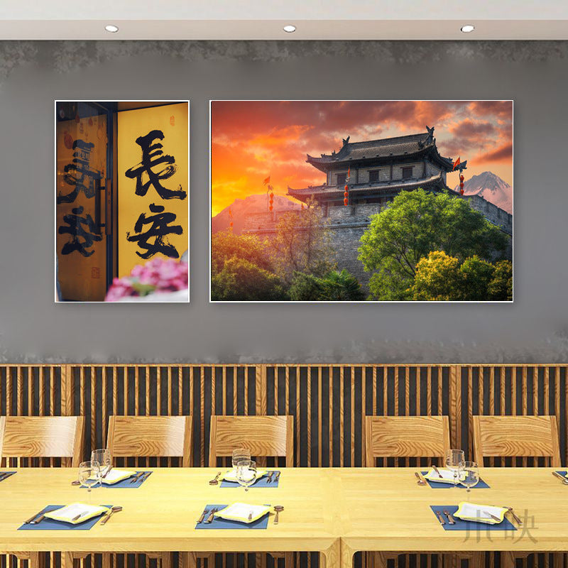 陕西装饰画西安长安古城风景建筑面馆挂画美食餐厅饭店包厢壁画