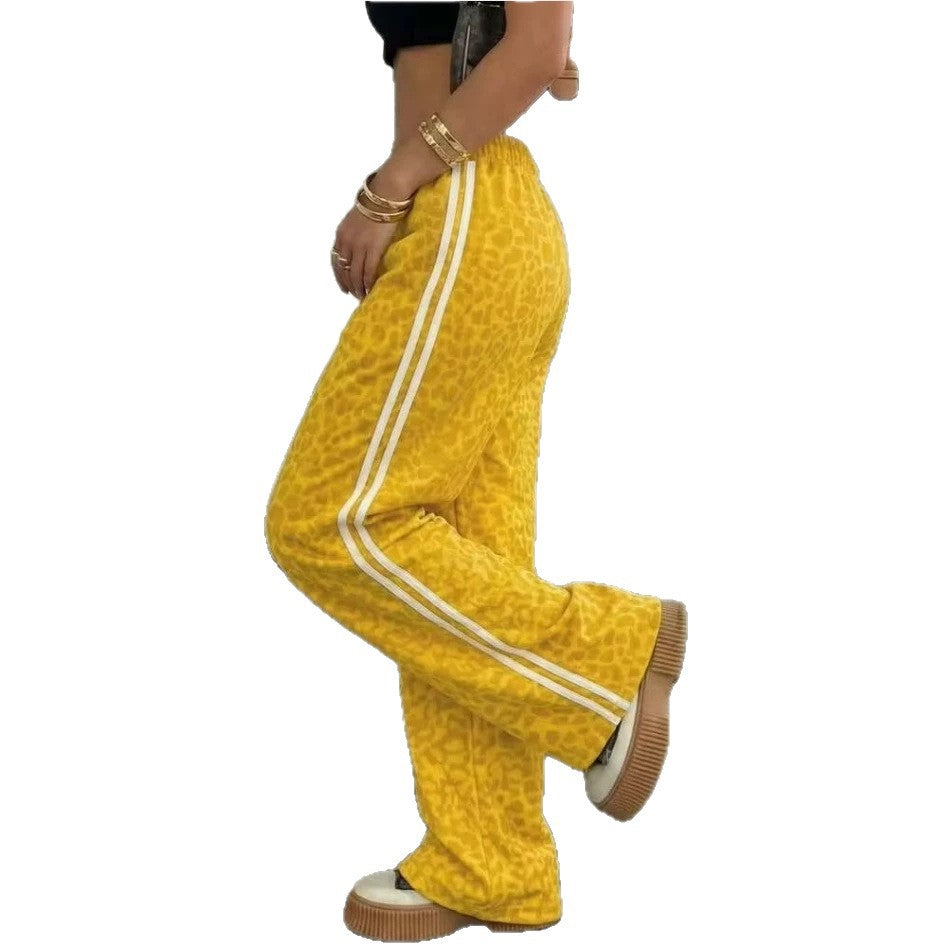 european and american ins style leopard print patchwork wide-leg pants - high waist, loose fit, trendy brand, slimming, casual straight leg