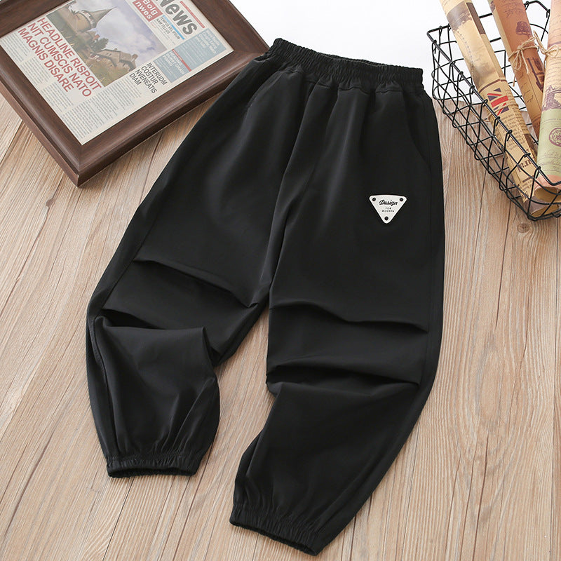 Boys' summer lightweight ice silk pants - quick-dry, mid-to-large size, casual sports trousers with elastic cuffs - mosquito-proof