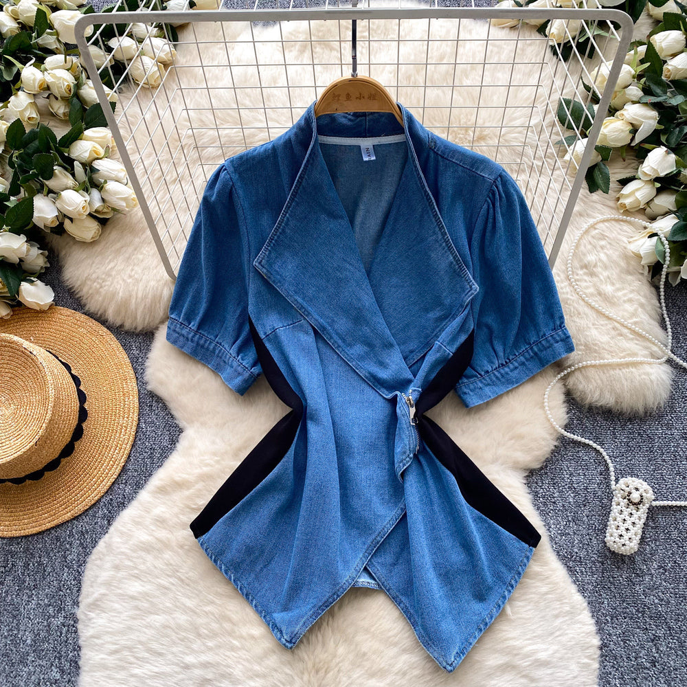 French work clothing style v neckasymmetrical short-sleeved shirt for women with waist slimming looksense of design bluetopsaccessible luxury style