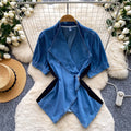French work clothing style v neckasymmetrical short-sleeved shirt for women with waist slimming looksense of design bluetopsaccessible luxury style