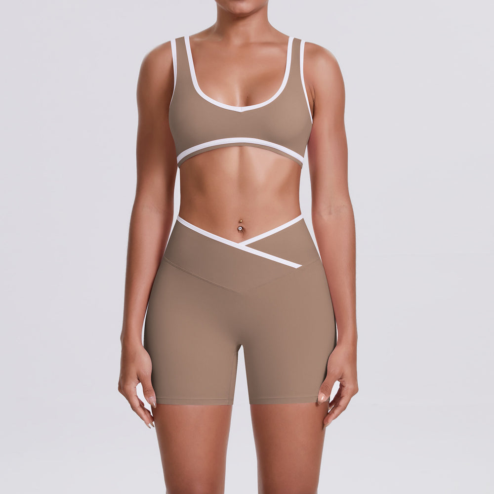 Cross high waist sports suit women's contrast color nude tight yoga clothes quick-drying breathable outdoor running fitness suit