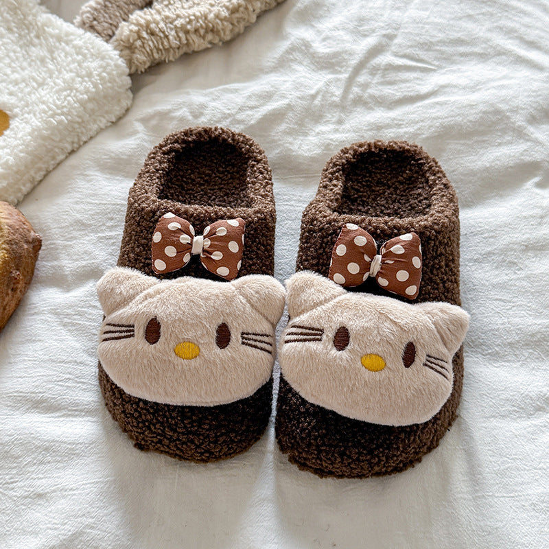 Kt cat casual women's lambswool slippers - autumn/winter cute cartoon warm non-slip home thick-soled closed-toe cotton slippers