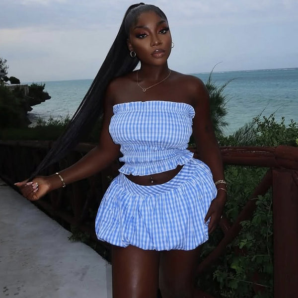 In stock, European and American  women's clothing 2025 autumn new fresh waist striped tube top puff skirt set