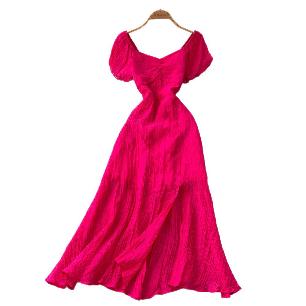 Lady style yellow casual puff sleeve dress women's summer lazy square neck waist slimming look a-line long skirt