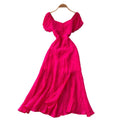 Lady style yellow casual puff sleeve dress women's summer lazy square neck waist slimming look a-line long skirt
