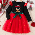 girldressfake two-piece patchwork red gauze deer print bows belt kids holiday skirt