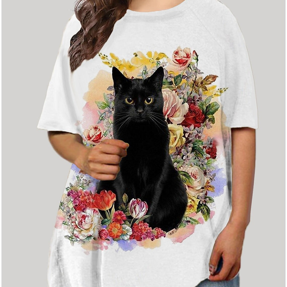 cross-border   plus size women's cute cat 3d digital print short sleeve loose crew neck t-shirt