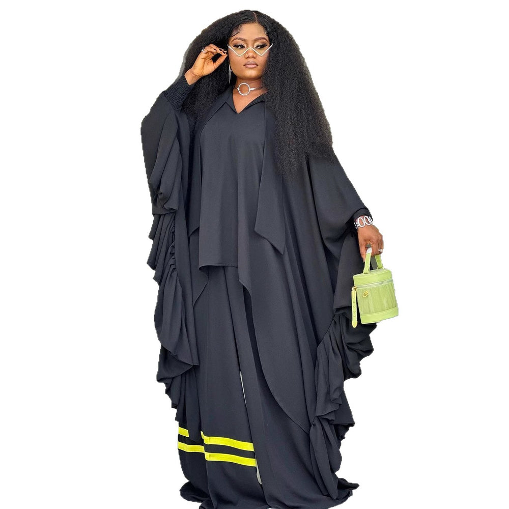 African-inspired loose fit batwing sleeve top and color block striped wide leg pants two-piece set