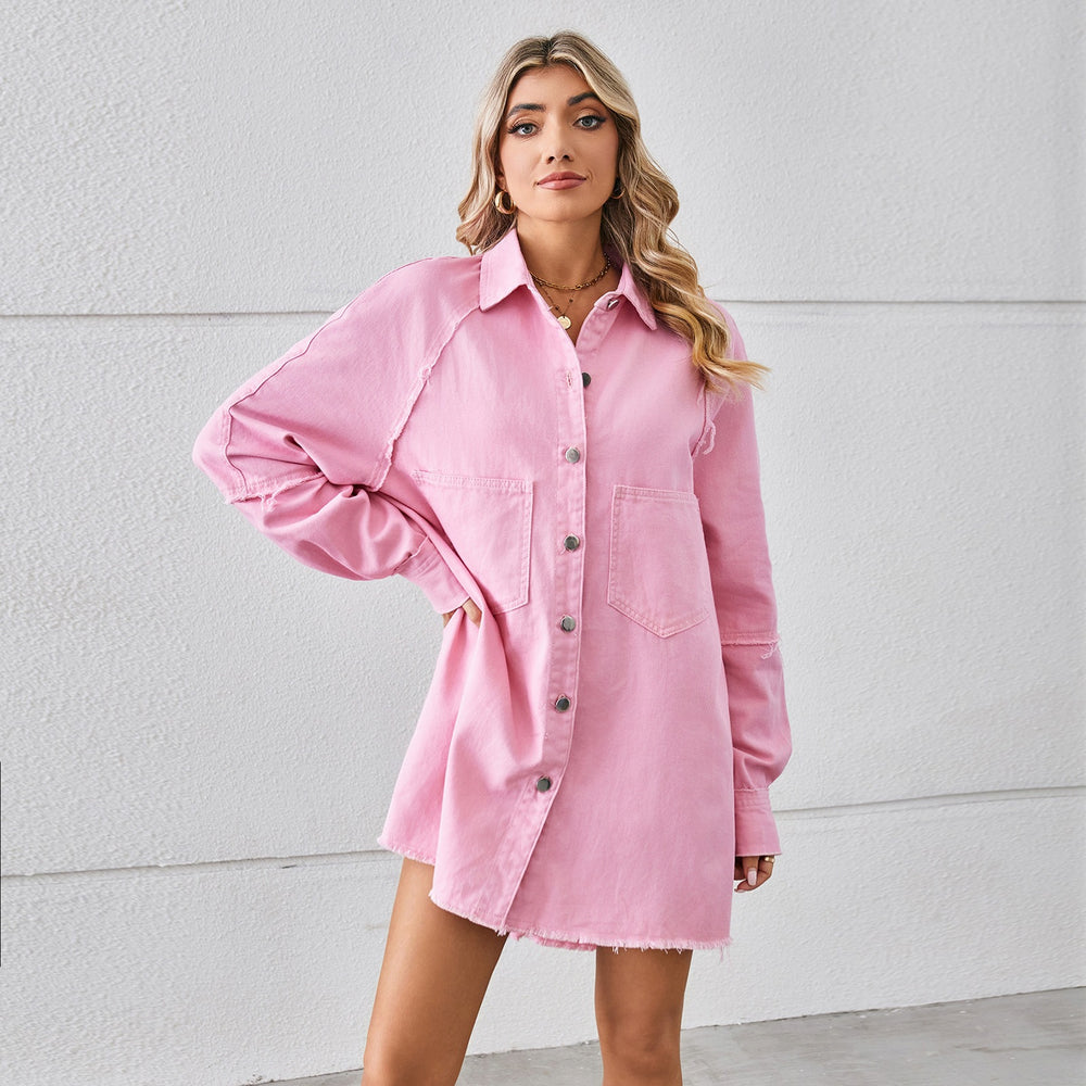 Fashion cross-border trade  new arrival washed raw edge denim dresspatchworklong sleevescardigan skirt for women