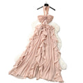 Pure desire style hollow stereo flower halter suspender dress women's vacation outfit rufflestube top long skirt