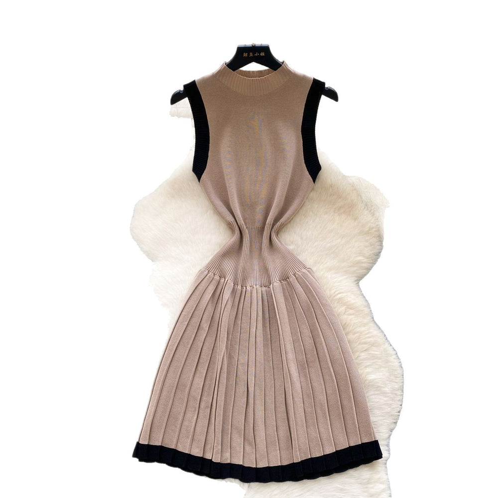 High-end niche sleeveless knittingdress women's summerretro waist slimming lookcontrast colorpatchworkpleated vest dress
