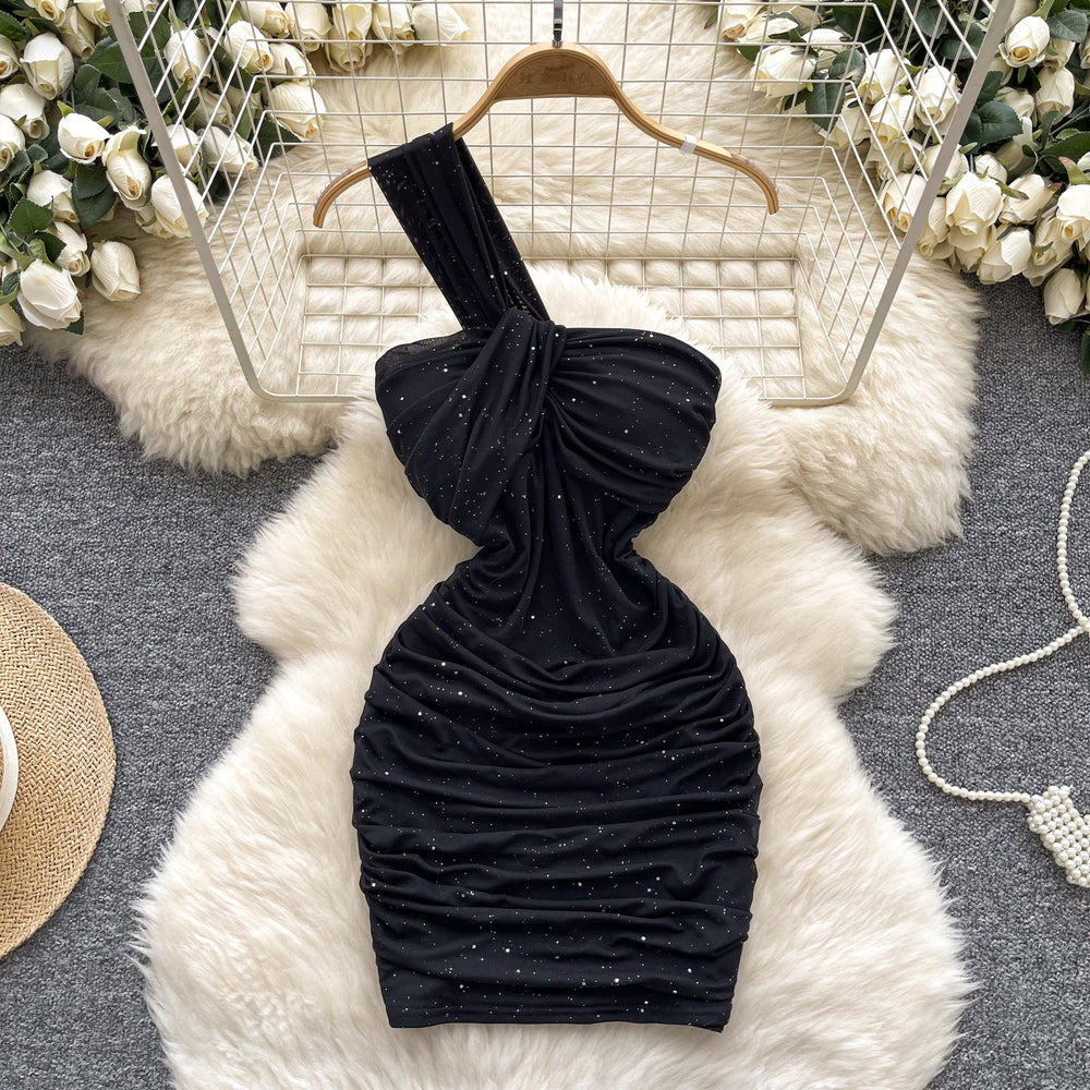European and american style one-shoulder bandeau dress - women's summer sparkly slim-fit bodycon mini dress