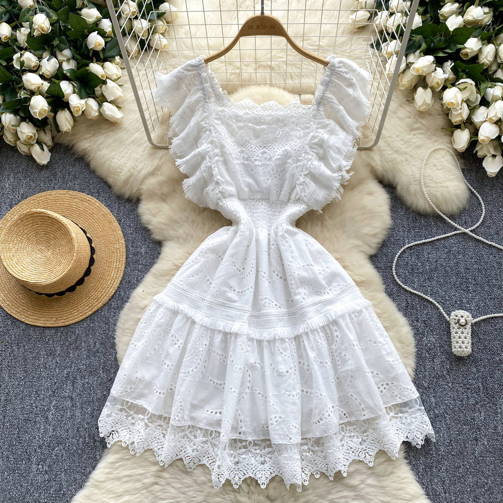 Gentle style elegantdress women's summer french heavy industry laceembroider waist slimming look small flying sleeve dress