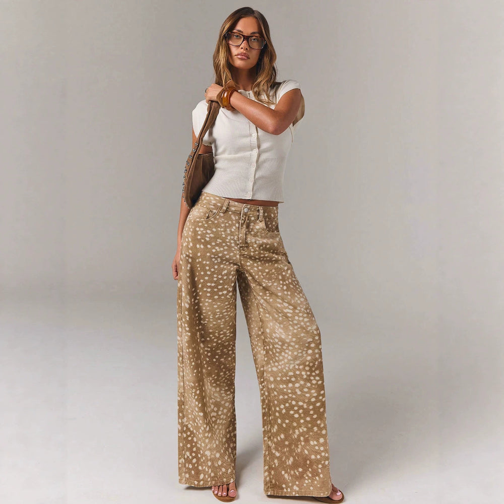 Women's denim pants - deer print, spotted, khaki, high-waisted, wide-leg, floor-length, fall new arrivals