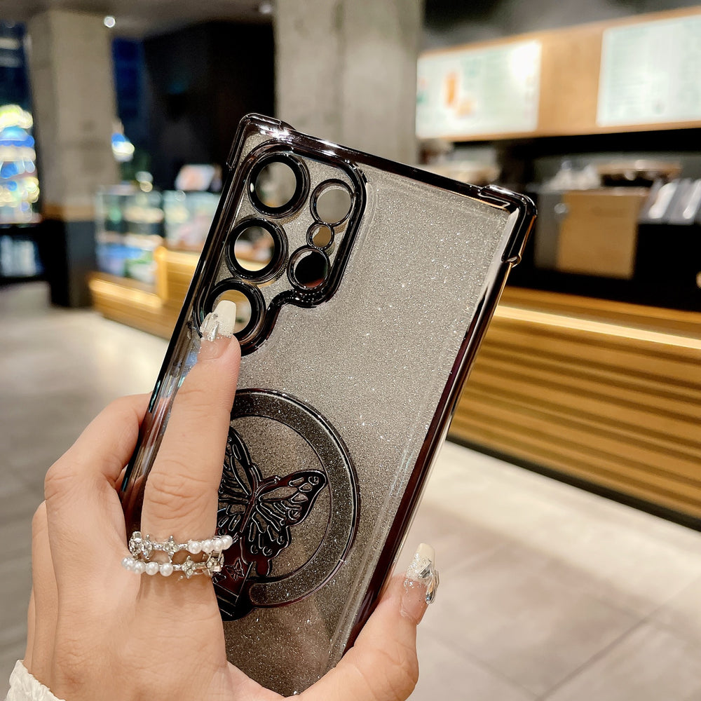 Samsung s25u butterfly glitter stand magnetic phone case, compatible with s26p, four-corner airbag anti-drop a07 protective cover