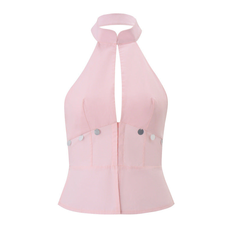 European and american women's clothing  summer new fashion y2k hot girl stand collar cardigan backless sleeveless tank top
