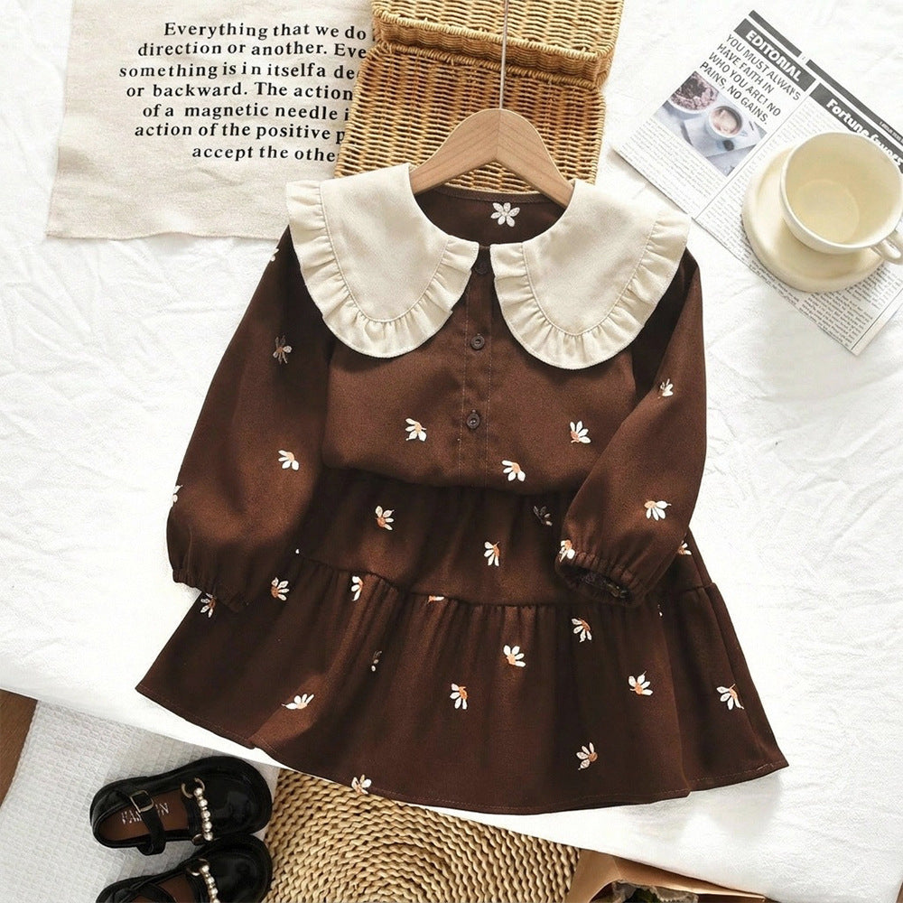 Girls' spring/autumn new set: floral embroidered peter pan collar sweet long-sleeve top and skirt two-piece outfit - cross-border children's clothing