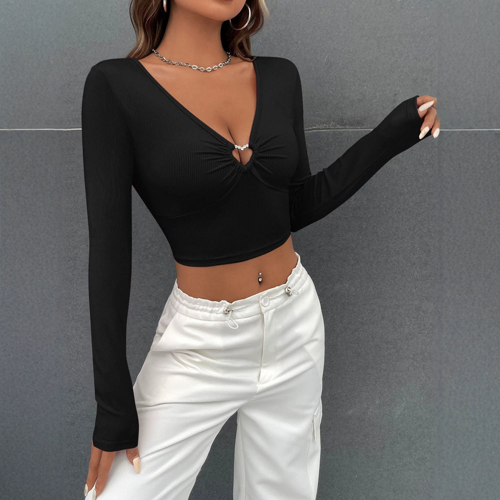 women's new black v-neck cut outlong sleeves t-shirt waist slimming look waist sexy hot girl style tops