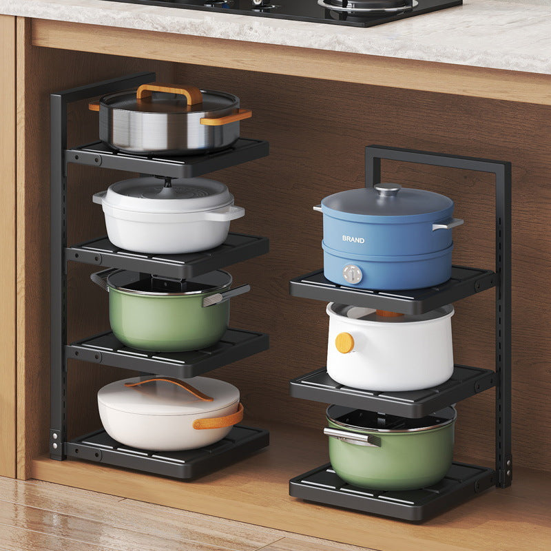 Floor-standing kitchen pot storage rack with adjustable layer spacing and corner sink storage for home use