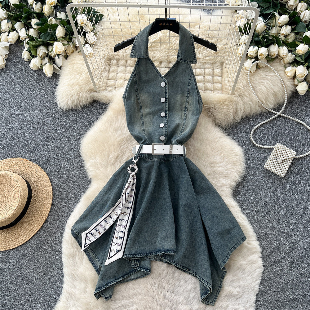 French riviera style halter sleeveless dress - women's summer cinched waist slimming tiered ruffle cake dress