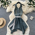 French riviera style halter sleeveless dress - women's summer cinched waist slimming tiered ruffle cake dress