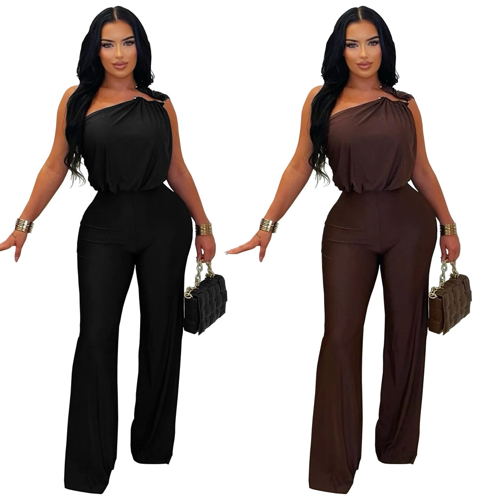 C7578 cross-border   fashion women's casual one-shoulder sleeveless bodycon wide-leg jumpsuit