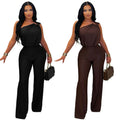C7578 cross-border   fashion women's casual one-shoulder sleeveless bodycon wide-leg jumpsuit