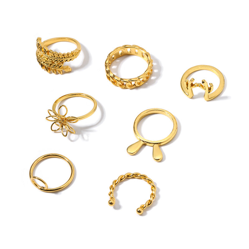 18k ring wholesale european and american cross-border ins style jewelry retro gold leaf flower rabbit horn stacked ring set for women