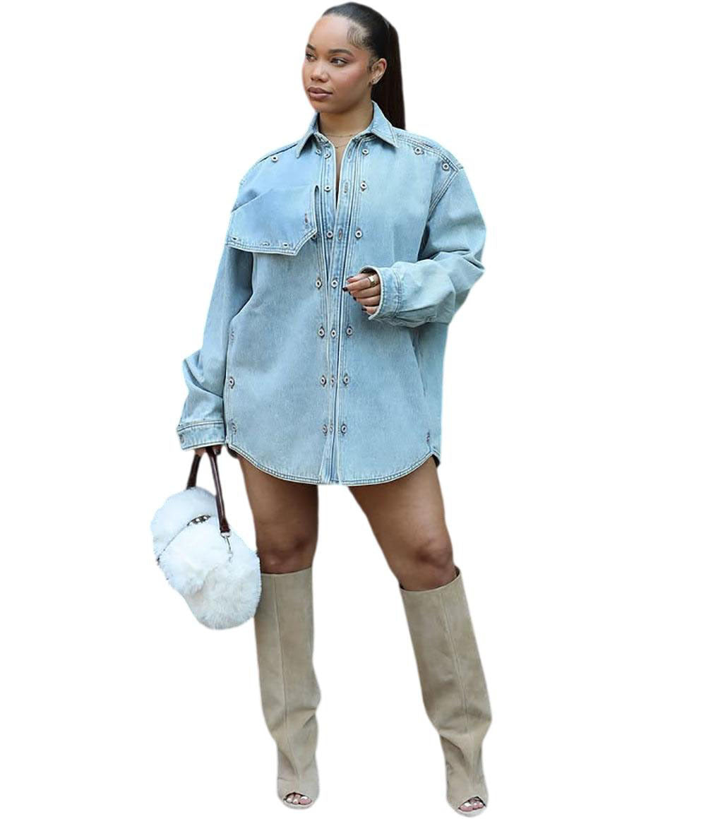 European and american cross-border women's denim jacket,  foreign trade women's clothing, loose fit patchwork design, long sleeve jacket top