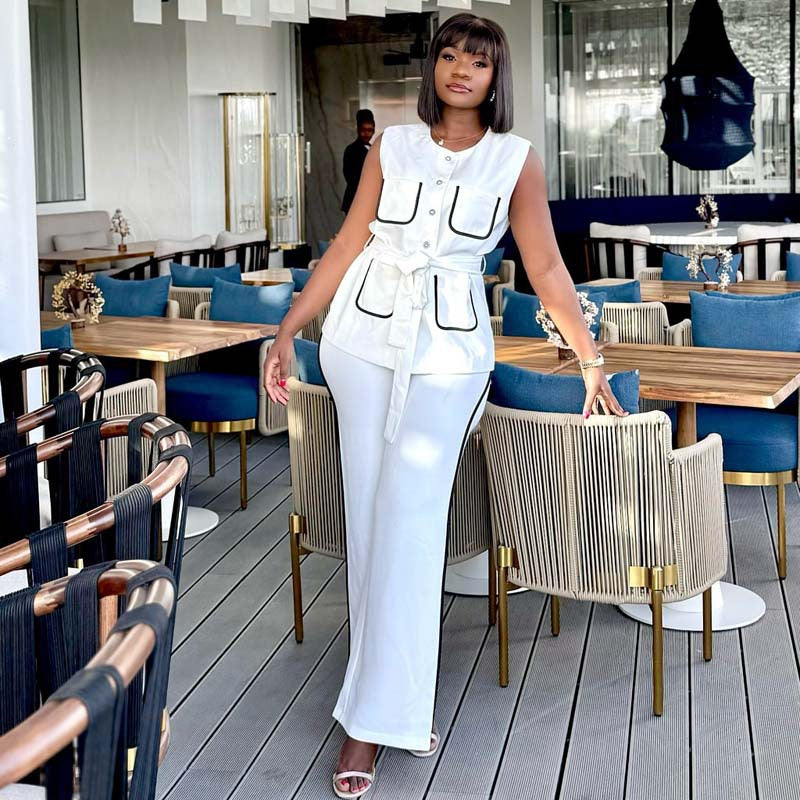European and American contrasting color pocket set temperament elegant high-end straps cardigan vest trousers African women's two-piece set women's
