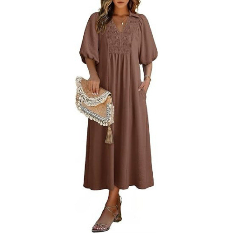 Amazon fashioncasualv neckpuff sleevedresssummernew arrivala line waist slimming look skirt