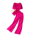 Fashionsuit goddess style asymmetrical round neck waist knittingtopstwo-piece sethigh waistslimming lookloose pantspants