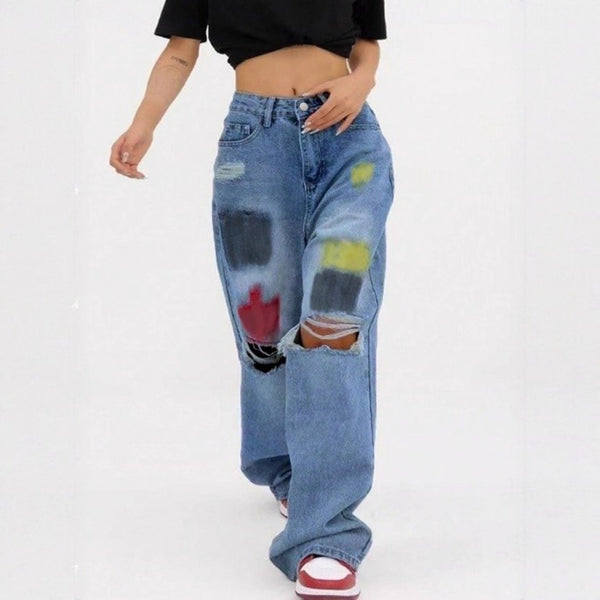 FR870335 washed graffiti design sense ripped jeans women's spring and autumn loose drape wide leg floor pants