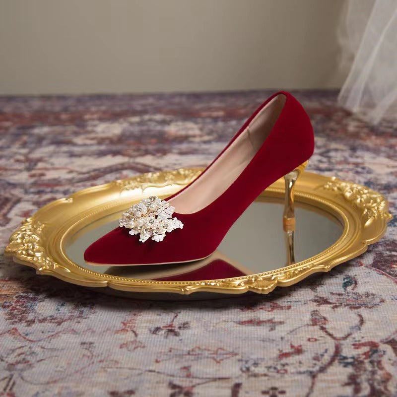Red xiuhe wedding shoes, beaded flower bridal shoes, non-tiring feet, classy chinese style, pregnant women, engagement and toast, high thick heels
