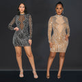 C6852 cross-border   fashion women's solid color mesh rhinestone long sleeve mini dress