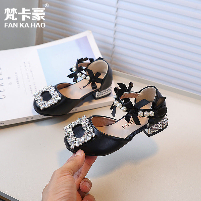 Vancahao girls' high-heeled princess sandals,  summer new collection, rhinestone embellished leather shoes for kids, student dance shoes