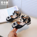 Vancahao girls' high-heeled princess sandals,  summer new collection, rhinestone embellished leather shoes for kids, student dance shoes