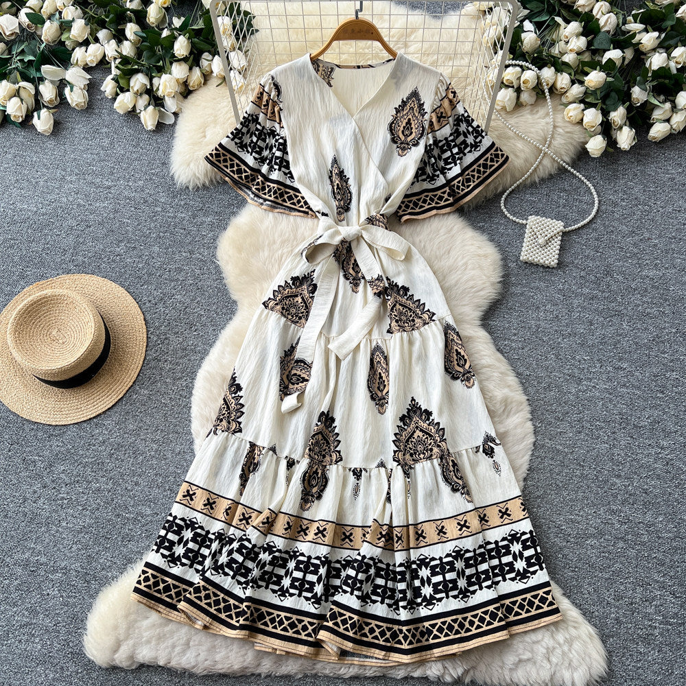 Bohemian print tie-waist dress - women's summer  v-neck slimming a-line maxi dress - red