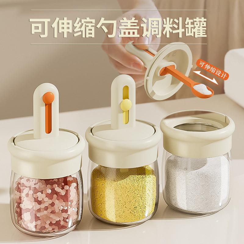 Glass telescopic seasoning jar, spoon cover, integrated seasoning box, household kitchen seasoning sub-bottling, sealed salt jar seasoning jar