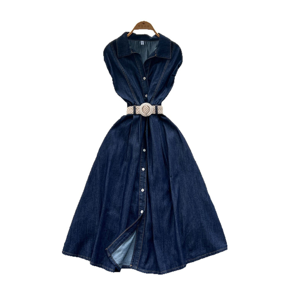 Women's summer dress  new korean style fashion turn-down collar sleeveless single-breasted cinched waist denim shirt maxi dress