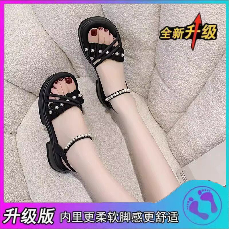 Girls' sandals: new  summer princess style, slip-on, trendy, for school girls, mid-to-large children, kids' beach sandals