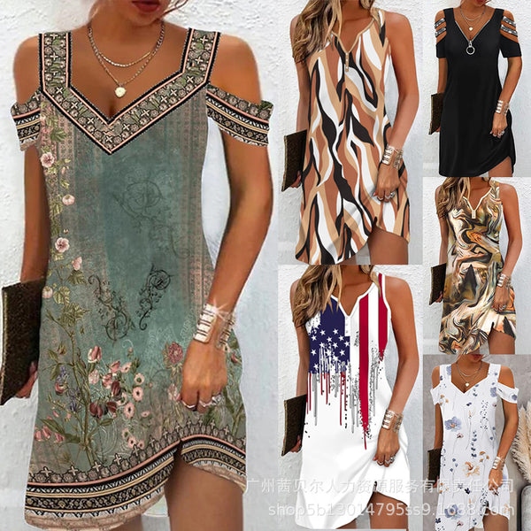 ODS3808AA4 series  European and American new fancy decorative watercolor flower off-the-shoulder mini dress