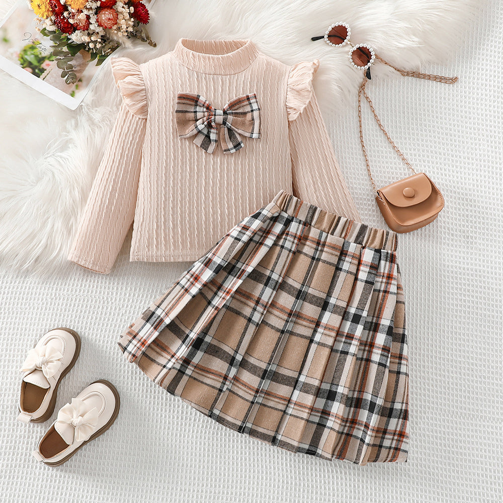 Autumnexportgirlknittingsweatshirtlong sleevesstripessuit skirt european plaid skirt kidstwo-piece setpleated skirt