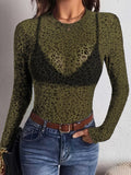 Amazon fashion women's cut outsee-through t-shirt long sleevespulloverfashion leopard print silm bottom shirt tops