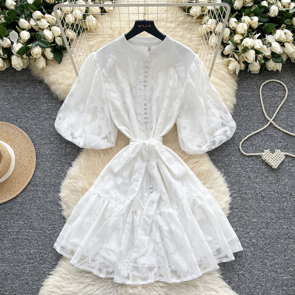 Accessible luxury palace style puff sleeve dress women's summer mesh embroiderpatchwork stand collar design elegant royal sister short skirt