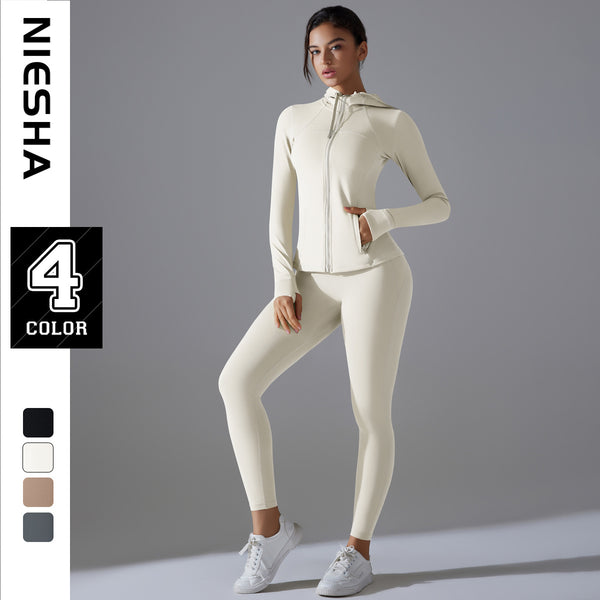 New sunscreen zipper jacket hooded yoga clothes high-intensity fitness clothes Pilates running sports long-sleeved set
