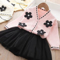 hot-selling children's sweater dress two-piece set, kids' clothing set, knitted cardigan with mesh skirt, direct from the manufacturer